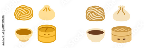 Collection of traditional Asian dim sum dishes including steamed dumplings, noodles, and bamboo steamer with dipping sauce