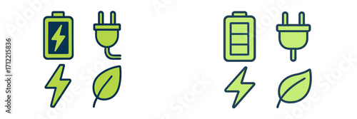 Green energy power battery plug lightning bolt leaf symbols for sustainable electricity and eco-friendly concepts