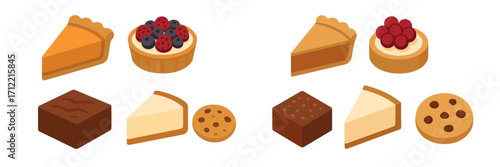 Isometric sweet dessert collection featuring pumpkin pie, berry tart, chocolate brownie, cheesecake, and chocolate chip cookie