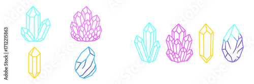 Assortment of vibrant outlined mineral clusters and single crystals with geometric abstract shapes in bright colors