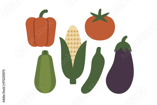 Colorful fresh organic garden vegetables including bell pepper zucchini corn tomato cucumber and eggplant