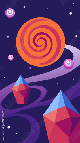 Surreal Crystal Spirals Orbiting Prism Suns