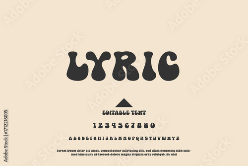 Retro groovy font with psychedelic wavy letters and numbers