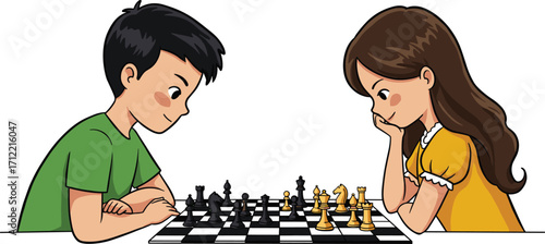 Children playing chess, focused learning, strategic thinking, intellectual activity, cartoon kids, board game moment, vector illustration, white  playing chess, focused learning, str