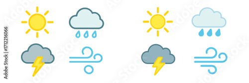 Modern weather forecast symbols collection with sun, rainy cloud, stormy cloud, and windy conditions icons