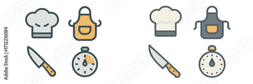 Essential kitchen utensils and chef accessories for culinary preparation, cooking, and timing tasks in a modern kitchen