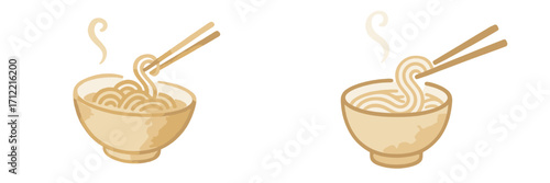 Steaming hot noodles in traditional bowls with chopsticks, ready to eat, representing Asian cuisine and comfort food