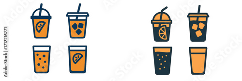 Refreshing cold beverages in disposable cups and drinking glasses with ice and citrus for summer