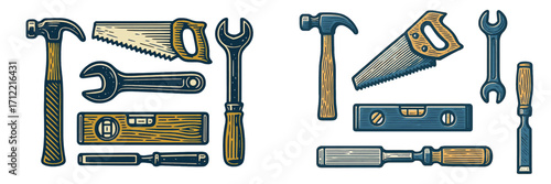 Classic hand tools collection with hammer, saw, wrench, spirit level, and wood chisel for craftsmanship