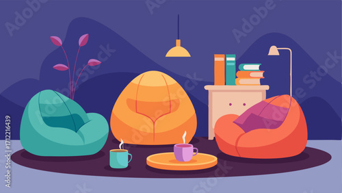 A cozy seating area with oversized bean bags and blankets perfect for a quick nap or a muchneeded break from studying.
