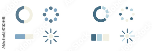 Modern collection of user interface loading and progress indicators, including circular spinners, segmented bars, and radial animations for web and mobile applications