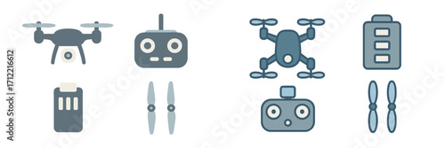 Collection of modern drone technology elements including quadcopters, remote controls, and power sources