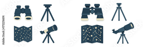 Stargazing and astronomy observation tools set with binoculars, telescope, tripod, and star chart for celestial viewing