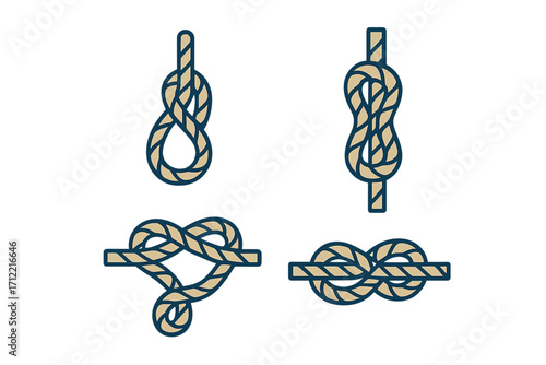 Assortment of various nautical rope knots and marine cordage designs for sailing, boating, and decorative purposes