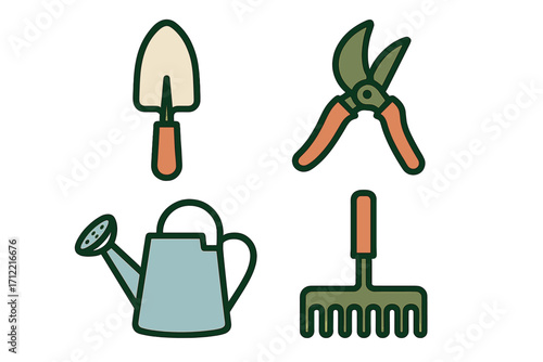 Essential gardening tools set featuring a shovel, pruning shears, watering can, and hand rake for outdoor work