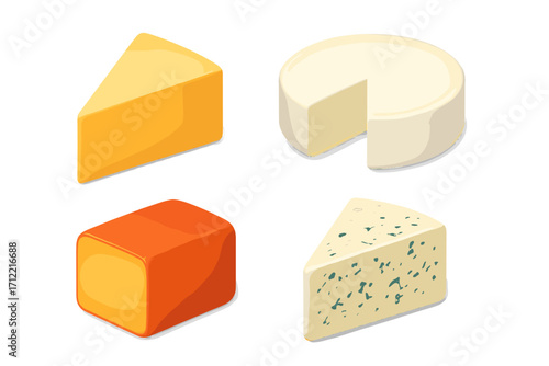 Variety of cheese types including cheddar, brie, and blue cheese, a delicious dairy product selection on white background
