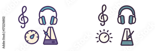 Music production and audio listening icons set featuring headphones, metronome, treble clef, and tempo dial symbols for sound design