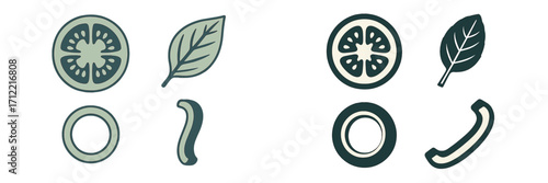 Assortment of fresh food ingredients with sliced tomatoes, green basil leaves, and curved chili peppers for healthy recipes