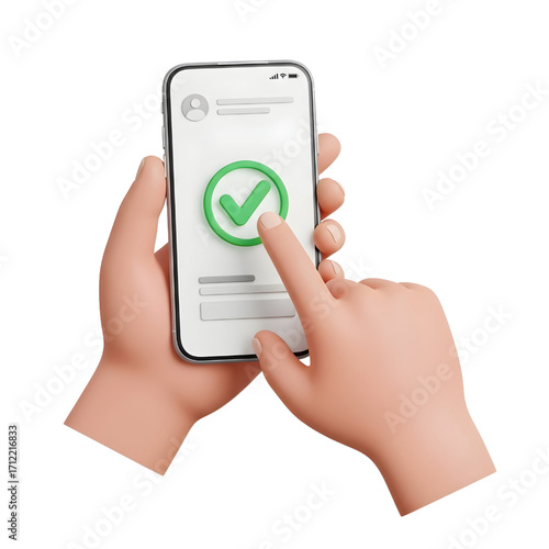 Two hands holding a smartphone with a green check mark. 3D hand tapping a green check mark