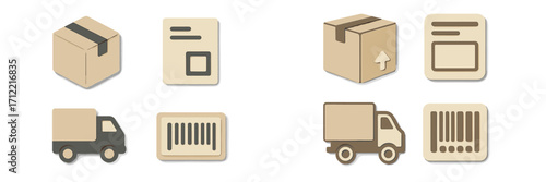 Modern flat design icons for shipping, delivery, and logistics services including boxes, trucks, documents, and barcodes
