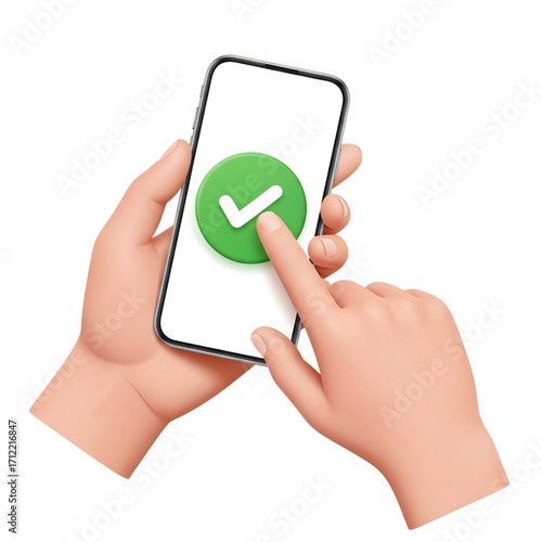 Two hands holding a smartphone with a green check mark. 3D hand tapping a green check mark