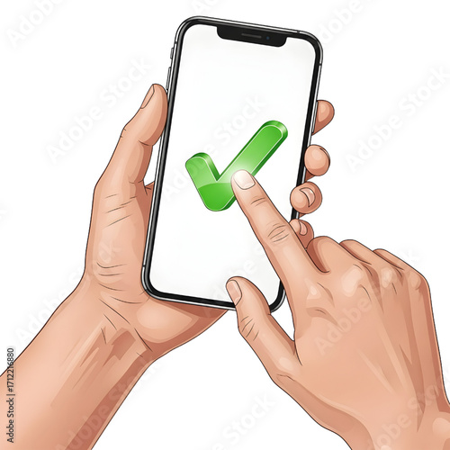Two hands holding a smartphone with a green check mark. 3D hand tapping a green check mark