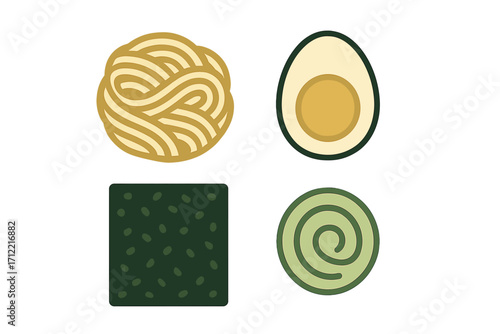 Stylized Asian food ingredients including noodles, boiled egg, seaweed, and fish cake for culinary design