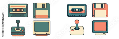 Classic retro electronic gadgets set featuring cassette tapes, floppy disks, game controllers, and old screens