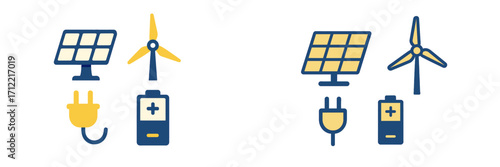 Renewable energy source icons featuring solar panel, wind turbine, electric plug, and battery symbols