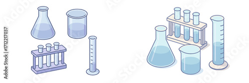 Scientific laboratory glassware set with flasks beakers test tubes and measuring cylinders for experiments