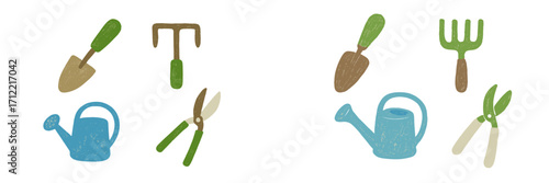 Assortment of essential gardening tools including shovel, rake, watering can, and pruning shears for horticulture activities