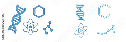 Comprehensive scientific symbols set featuring DNA double helix, atomic structure, benzene ring, and various molecular bonds