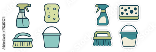 Collection of essential household cleaning supplies and equipment for domestic hygiene tasks and sanitation