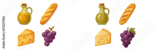 Classic Mediterranean food items: olive oil, fresh baguette, aged cheese, and ripe grapes, a culinary collection