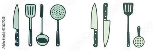 Stylized set of common kitchen utensils including sharp knives, slotted spatulas, a ladle, and a skimmer for culinary tasks