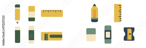 Collection of essential school and office supplies including pencils, erasers, rulers, and a pencil sharpener