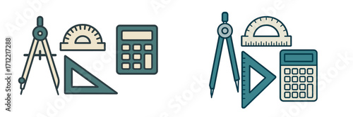 Essential geometry and drafting tools including compass, protractor, set square, and calculator