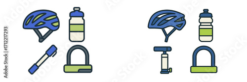 Essential bicycle safety and maintenance gear set with helmet, water bottle, air pump, and security lock
