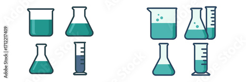 Chemistry laboratory equipment with beakers, Erlenmeyer flasks, and graduated cylinders containing teal liquid