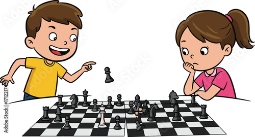 Children playing chess, strategic thinking, intellectual activity, cartoon kids, board game interaction, learning through play, vector illustration, white  playing chess, strategic