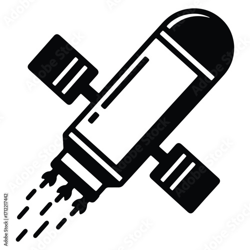 Black and white icon of a launching satellite with propulsion flames