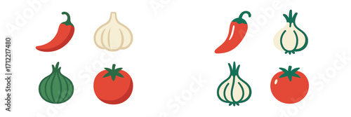Vibrant collection of fresh chili peppers, garlic, onions, and tomatoes presented in two distinct graphic styles