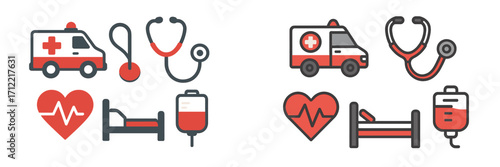 Collection of essential medical and healthcare equipment featuring ambulance, stethoscope, hospital bed, heart, and IV bag