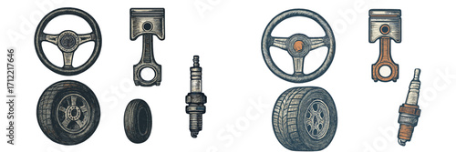 Automotive components set including steering wheel, piston, and spark plug for vehicle maintenance and repair
