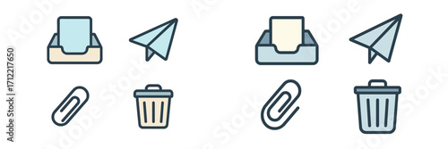 Modern digital communication and office management interface icons for inbox, send, attachment, and delete functions
