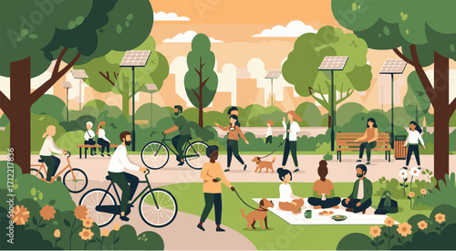 Vector cartoon illustration of children playing ball in a summer park with green grass and a tree, a fun family landscape