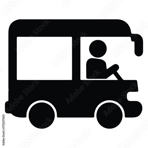 Black and white vector graphic of a bus with driver