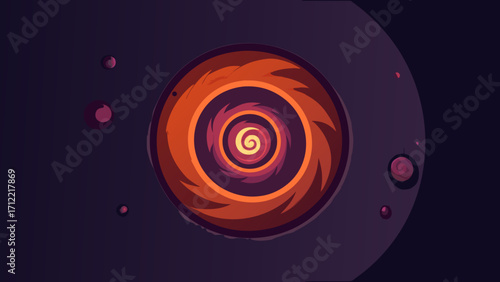 A red and orange spiral galaxy swirls in the deep black space, a vibrant pattern of light and energy