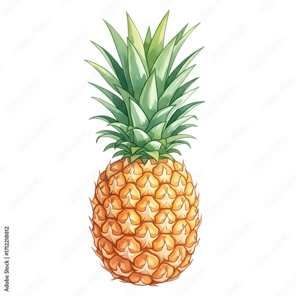 Fototapeta premium Watercolor illustration of a ripe tropical pineapple fruit.