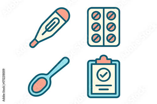 Essential medical health care tools and treatment items including thermometer, pills, spoon, and clipboard for health